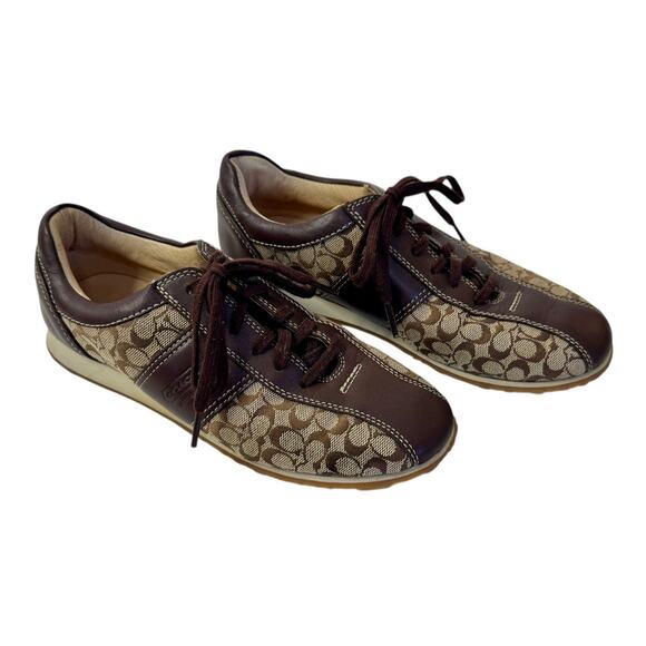 COACH Noella Signature Logo Brown Canvas Leather Tennis Shoes Size 6.5M MINT - Picture 2 of 9